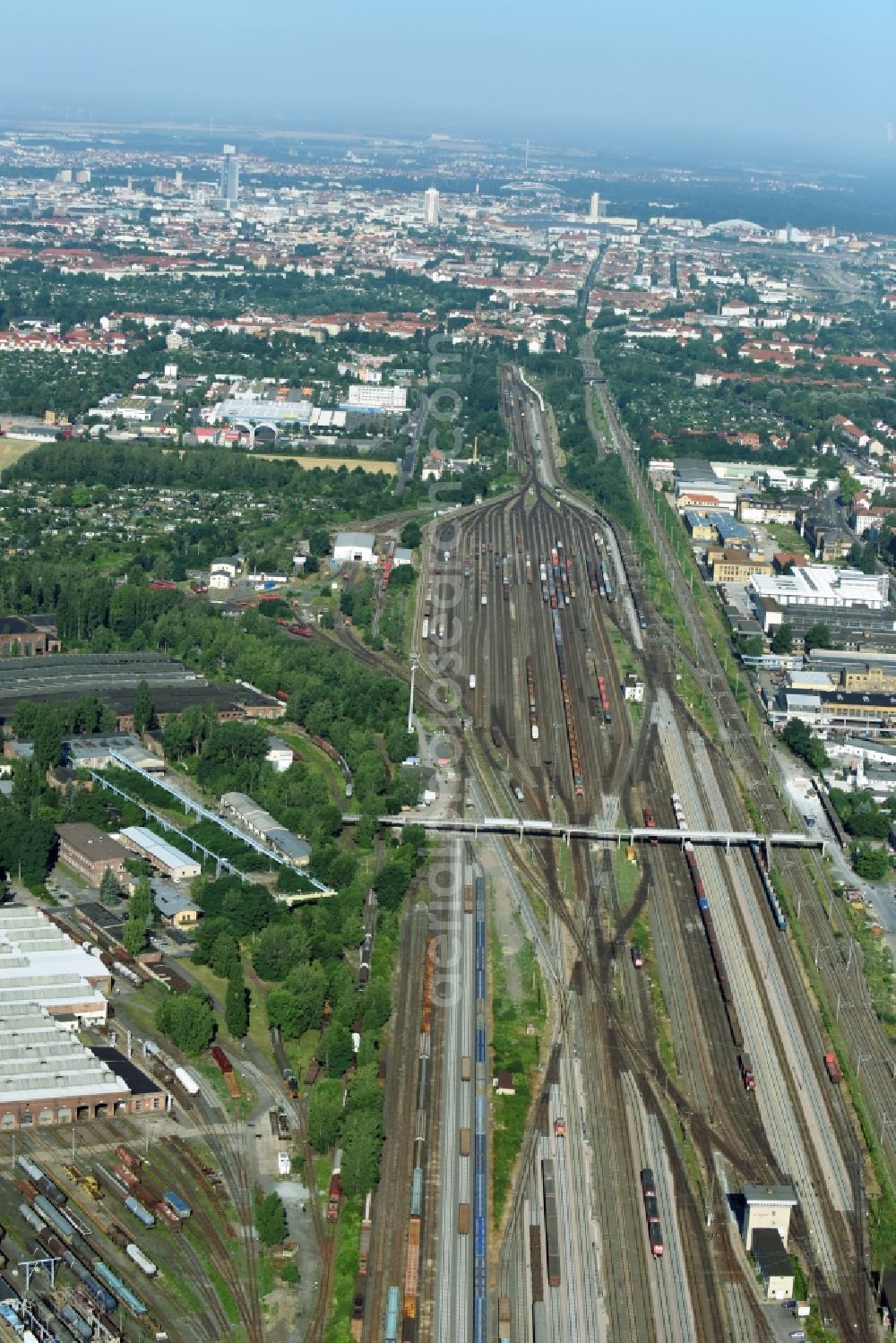 Leipzig from above - Marshalling yard and freight station of the Deutsche Bahn in Leipzig in the state Saxony