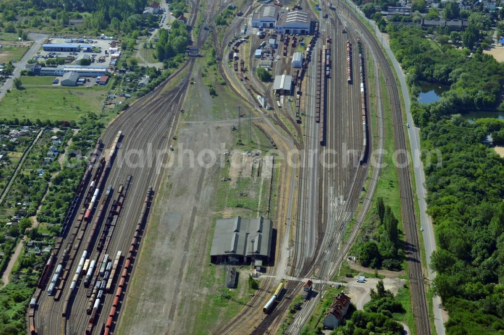 Magdeburg from above - Marshalling yard and freight station of the Deutsche Bahn in Magdeburg in the state Saxony-Anhalt