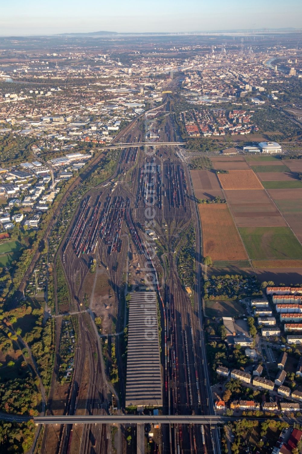 Mannheim from above - Marshalling yard and freight station of the Deutsche Bahn in Mannheim in the state Baden-Wurttemberg, Germany