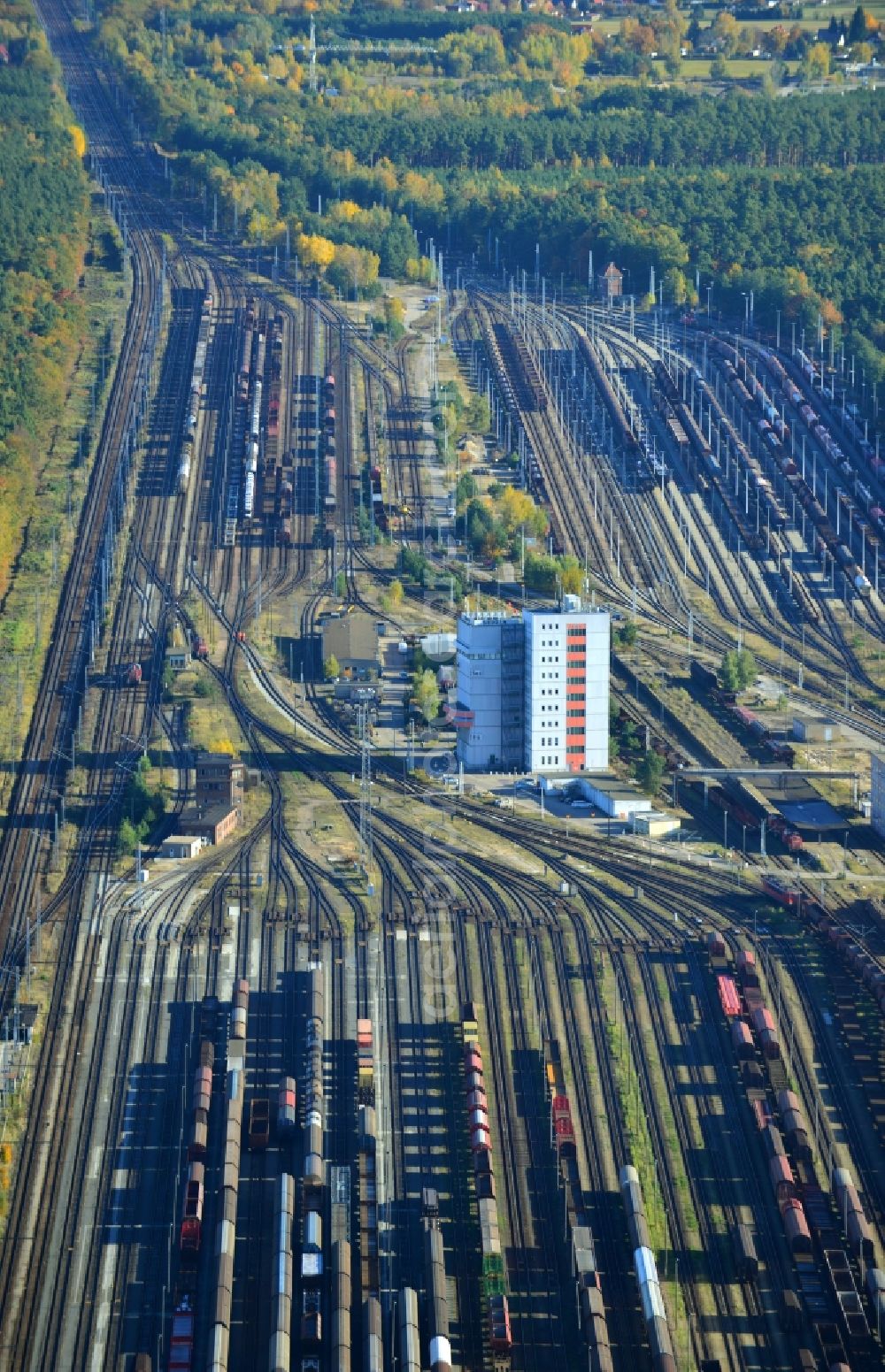 Seddin from the bird's eye view: Marshalling yard and freight station of the Deutsche Bahn in Neuseddin in the state Brandenburg