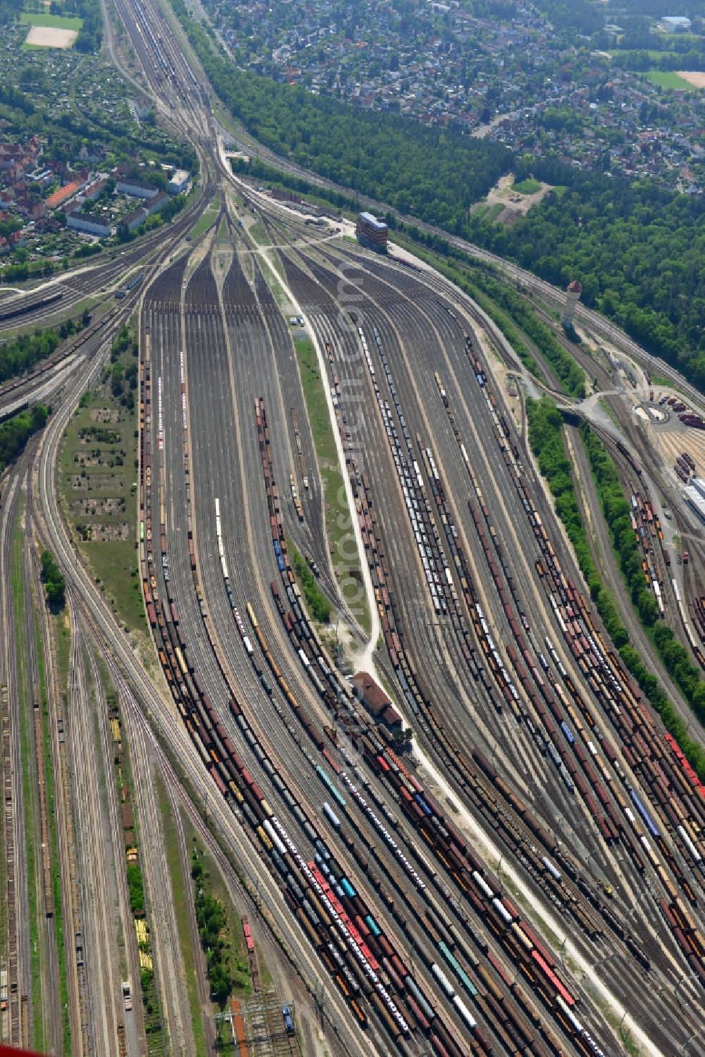 Nürnberg from above - Marshalling yard and freight station of the Deutsche Bahn in Nuernberg in the state Bavaria. bahn.de