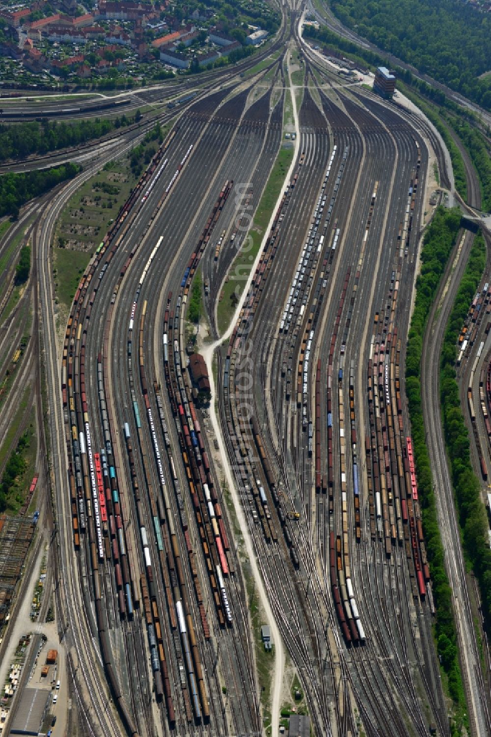 Nürnberg from above - Marshalling yard and freight station of the Deutsche Bahn in Nuernberg in the state Bavaria. bahn.de