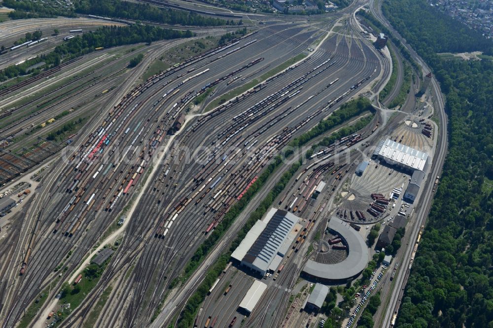 Nürnberg from above - Marshalling yard and freight station of the Deutsche Bahn in Nuernberg in the state Bavaria. bahn.de