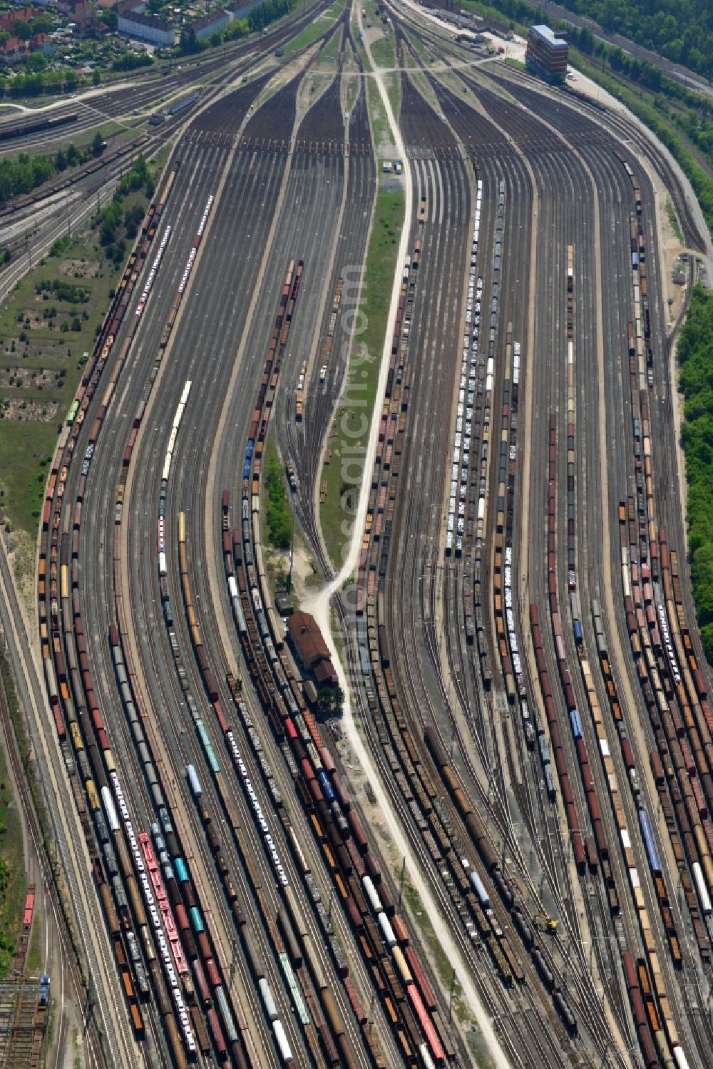 Nürnberg from the bird's eye view: Marshalling yard and freight station of the Deutsche Bahn in Nuernberg in the state Bavaria. bahn.de