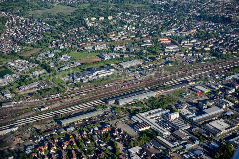 Aerial image Offenburg - Marshalling yard and freight station of the Deutsche Bahn in Offenburg in the state Baden-Wuerttemberg