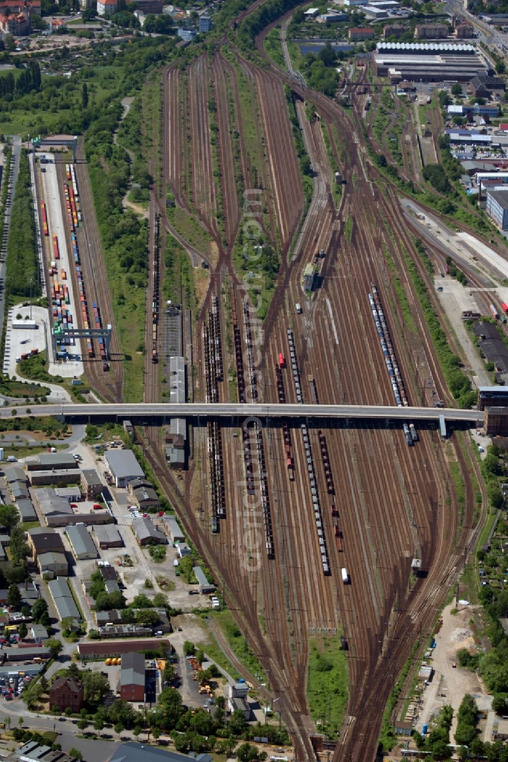 Dresden from the bird's eye view: Marshalling yard and freight station of the Deutsche Bahn in the district Friedrichstadt in Dresden in the state Saxony, Germany