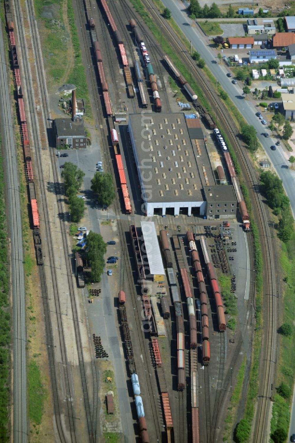 Seelze from above - Marshalling yard and freight station of the Deutsche Bahn in Seelze in the state Lower Saxony