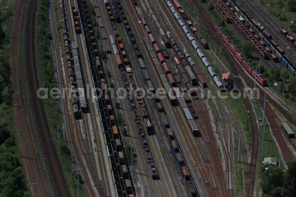 Senftenberg from above - Marshalling yard and freight station of the Deutsche Bahn in Senftenberg in the state Brandenburg