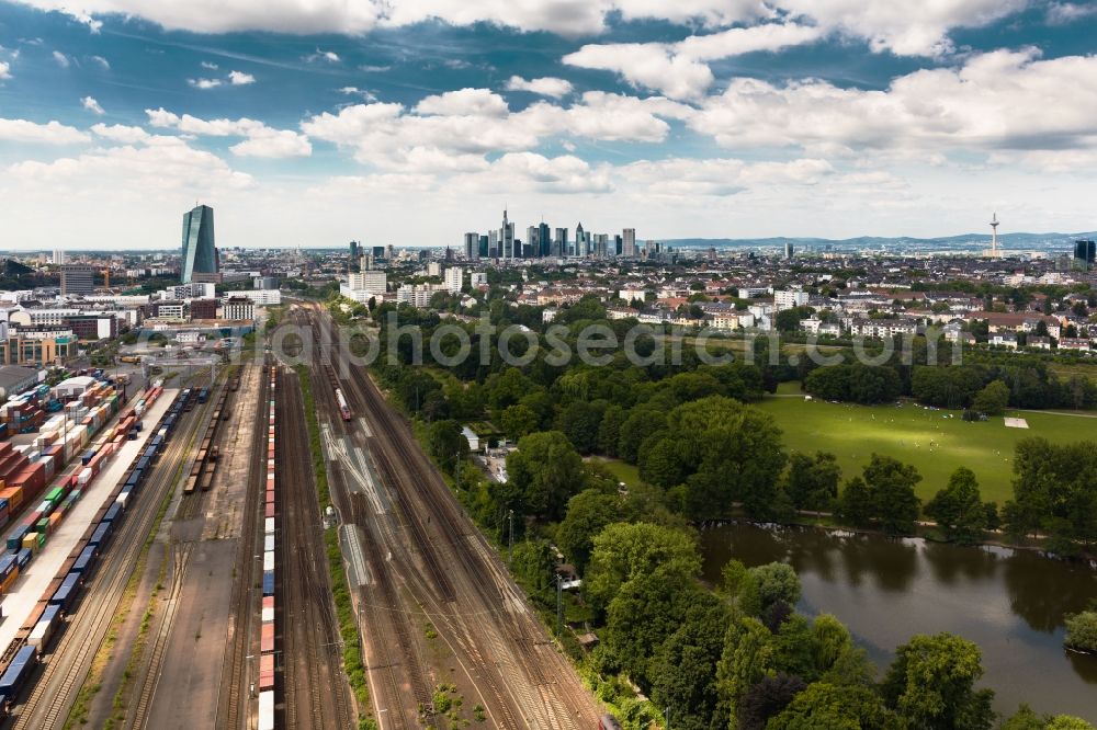 Aerial photograph Frankfurt am Main - Rail routes to the sidings of the marshalling yard and freight depot of Deutsche Bahn against the skyline with the new European Central Bank (ECB) in Frankfurt am Main in Hesse