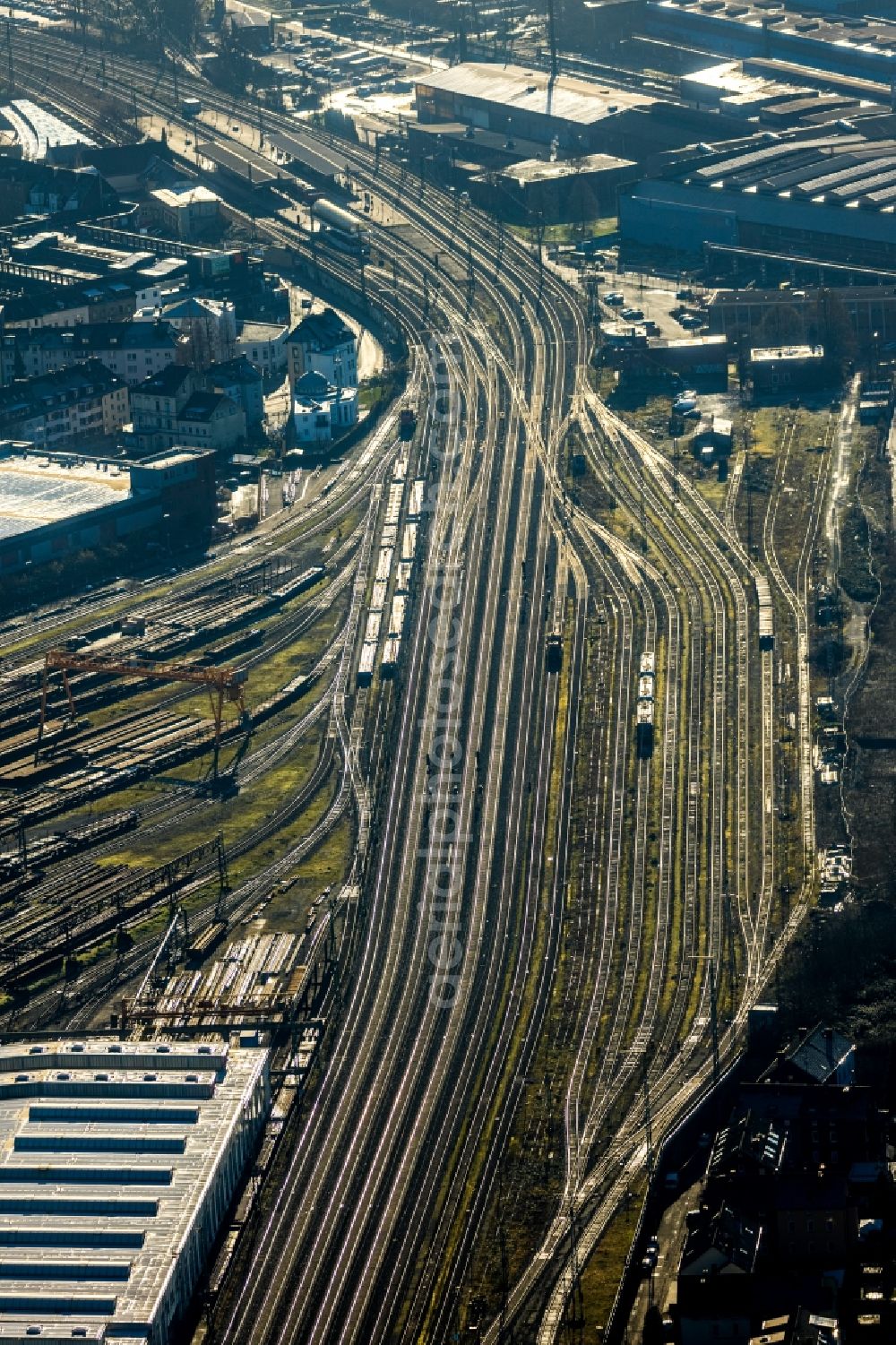 Witten from the bird's eye view: Marshalling yard and freight station of the Deutsche Bahn in Witten in the state North Rhine-Westphalia, Germany