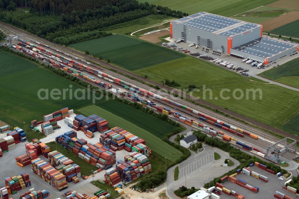 Dornstadt from the bird's eye view: Marshalling yard and freight station of DUSS-Terminal Ulm of the Deutsche Bahn in Dornstadt in the state Baden-Wurttemberg, Germany