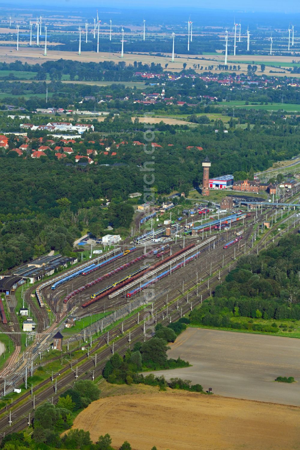 Elstal from above - Marshalling yard and freight station in Elstal in the state Brandenburg, Germany