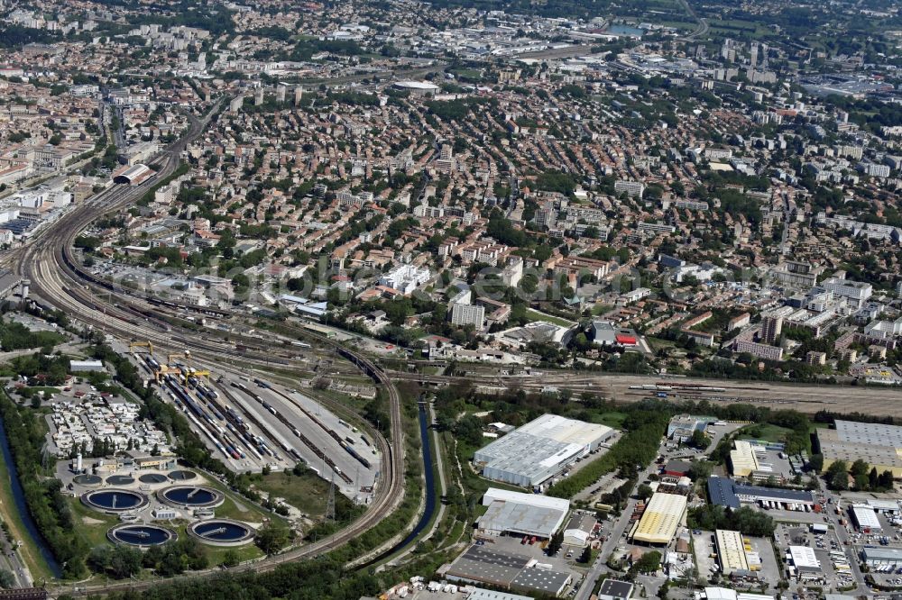 Avignon from the bird's eye view: Marshalling yard and freight station of the SNCF- Bahn in Avignon in Provence-Alpes-Cote d'Azur, France