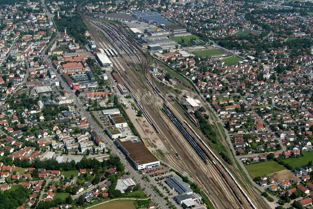 Ingolstadt from above - Shunting yard, freight yard and central station of the German course in Ingolstadt in the federal state of Bavaria, Germany