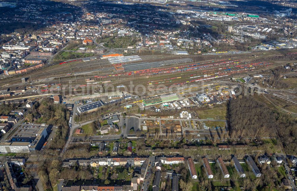 Herne from the bird's eye view: Marshalling yard and freight station in the district Wanne-Eickel in Herne at Ruhrgebiet in the state North Rhine-Westphalia, Germany