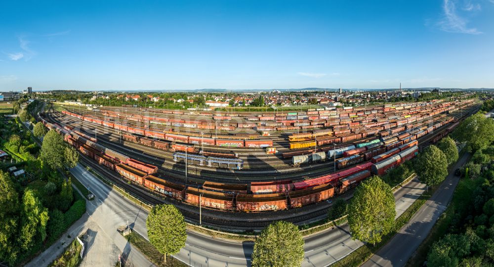 Kornwestheim from above - Marshalling yard and freight station Deutsche Bahn on street Westrandstrasse in Kornwestheim in the state Baden-Wuerttemberg, Germany