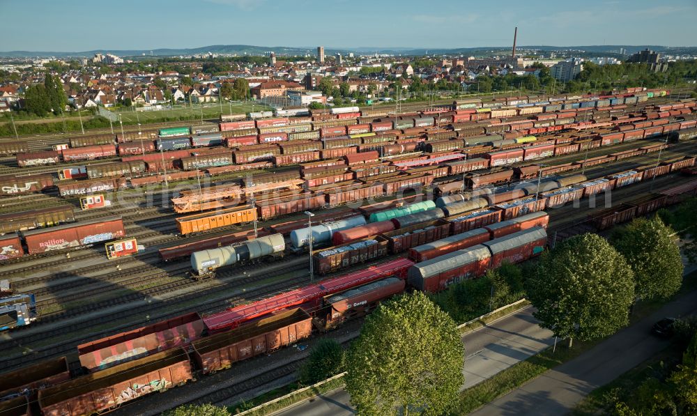 Kornwestheim from above - Marshalling yard and freight station Deutsche Bahn on street Westrandstrasse in Kornwestheim in the state Baden-Wuerttemberg, Germany