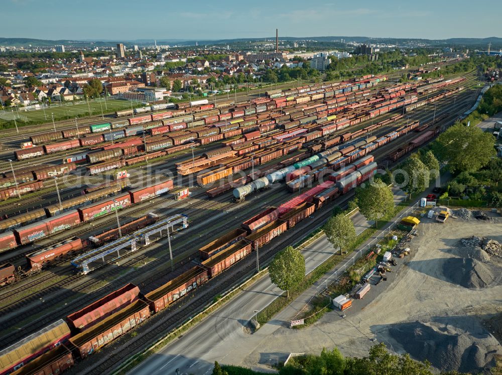 Kornwestheim from the bird's eye view: Marshalling yard and freight station Deutsche Bahn on street Westrandstrasse in Kornwestheim in the state Baden-Wuerttemberg, Germany