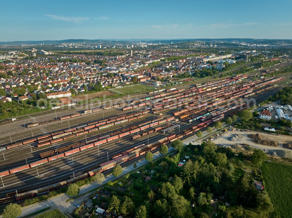 Kornwestheim from above - Marshalling yard and freight station Deutsche Bahn on street Westrandstrasse in Kornwestheim in the state Baden-Wuerttemberg, Germany