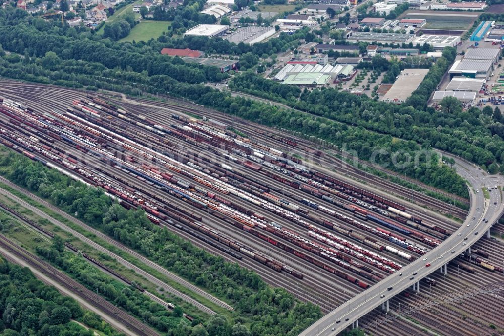 München from above - The rail yard north of Deutsche Bahn in Munich Moosach in the state Bavaria was put into operation in 1991 and is one of the most modern marshalling yards in Germany