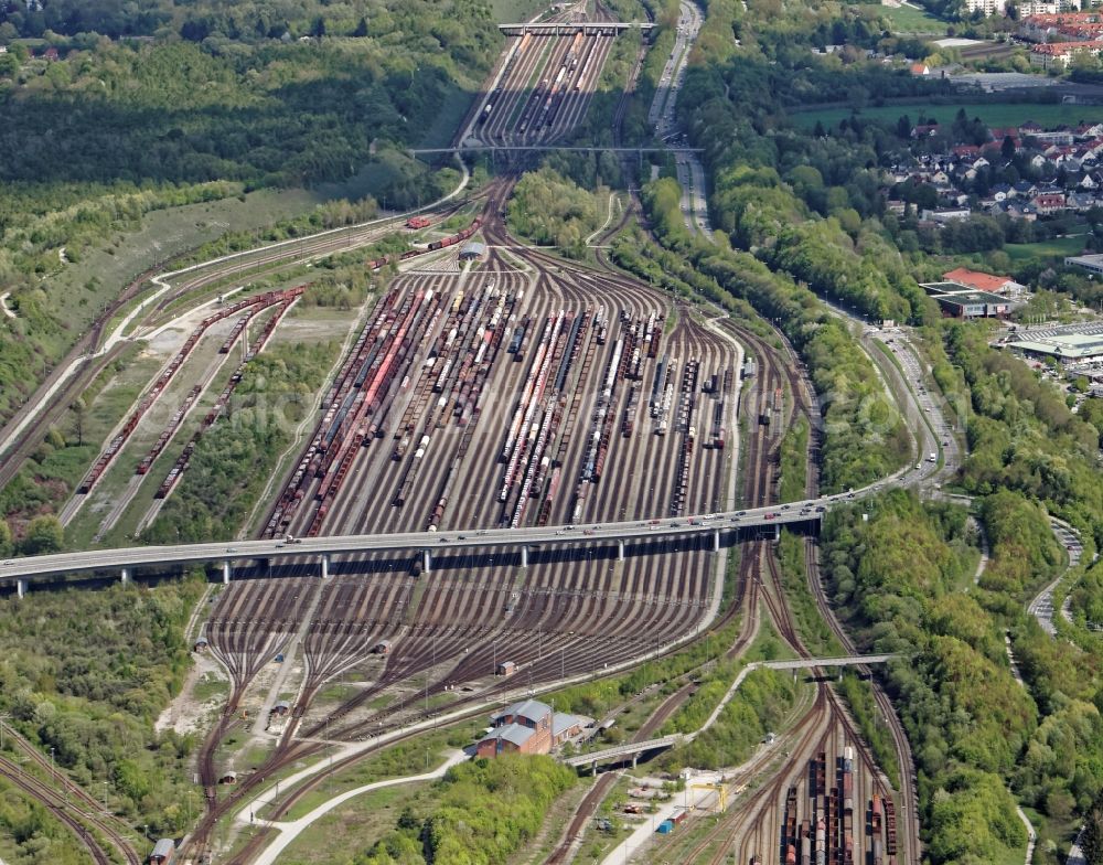 Aerial photograph München - The rail yard north of Deutsche Bahn in Munich Moosach in the state Bavaria was put into operation in 1991 and is one of the most modern marshalling yards in Germany