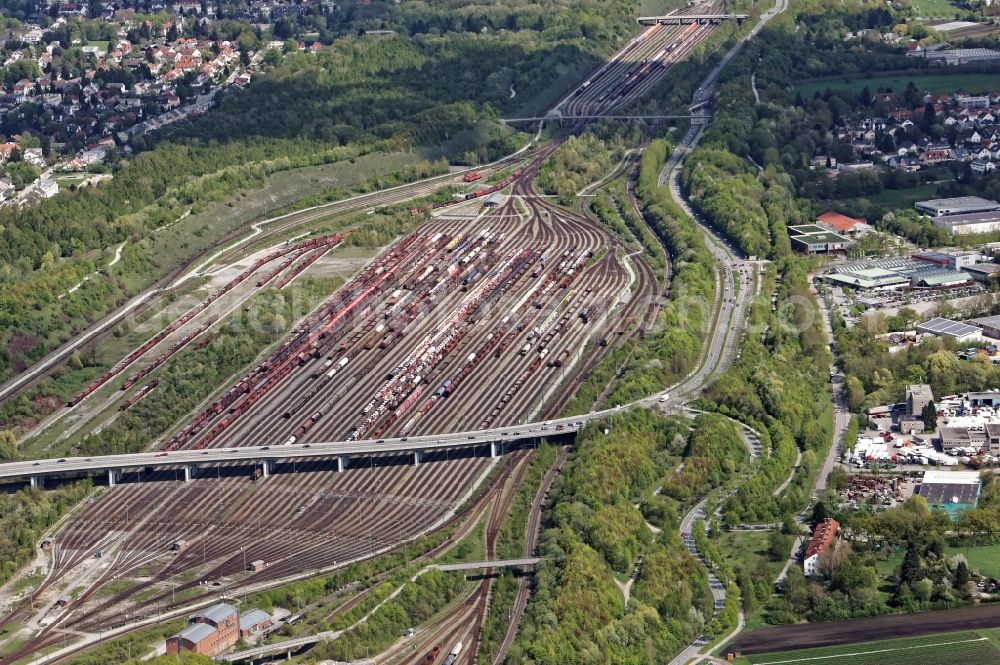 München from above - The rail yard north of Deutsche Bahn in Munich Moosach in the state Bavaria was put into operation in 1991 and is one of the most modern marshalling yards in Germany