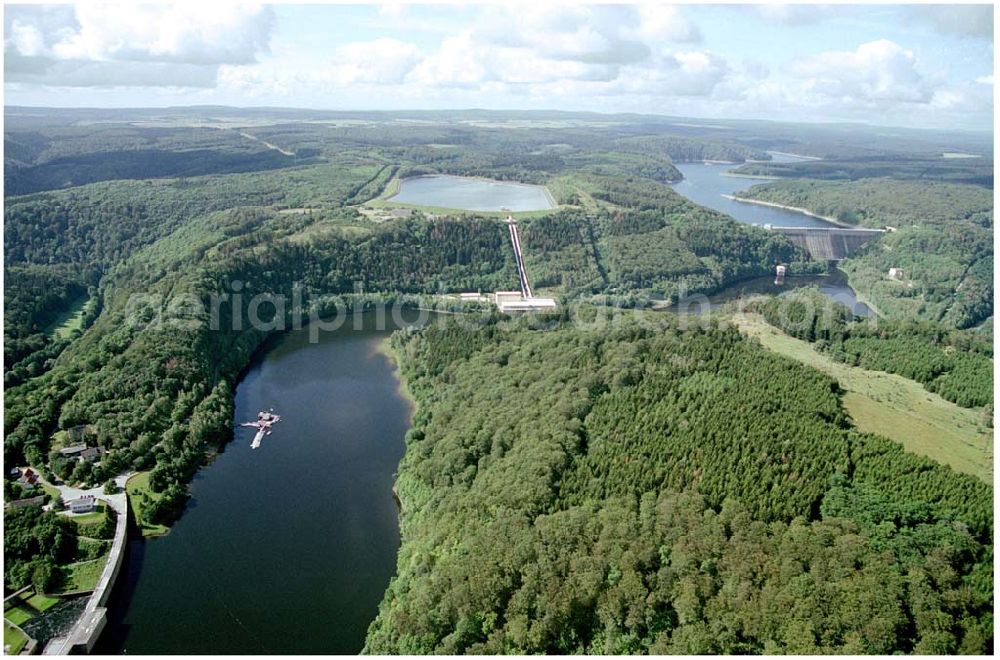 Thale from the bird's eye view: Landscape of Rappbodetalsperre, from an existing dam, water plant, power plant and water reservoir dam in the Harz in Saxony-Anhalt