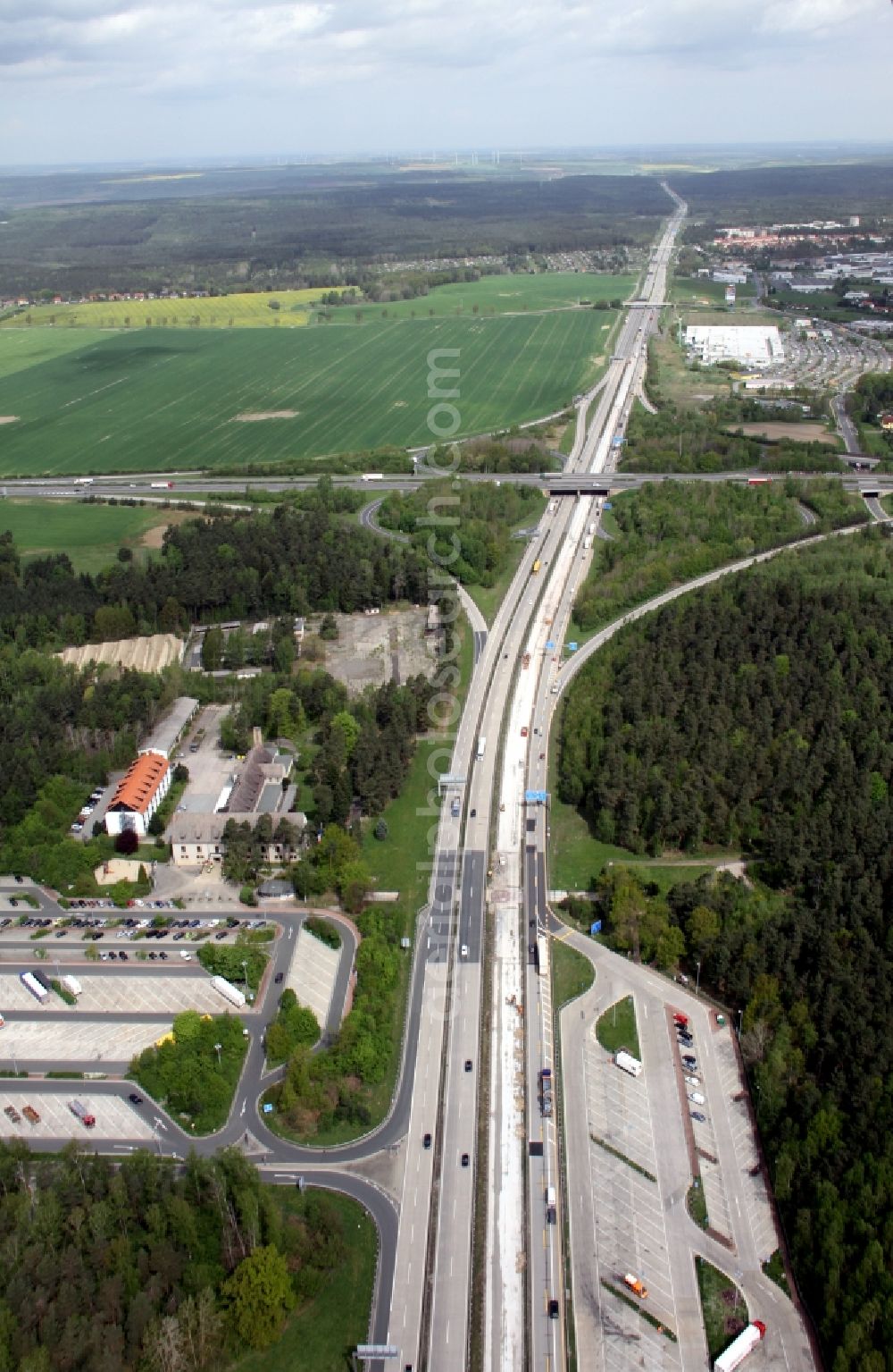 Schleifreisen from above - Parking & Motel Hermsdorfer Kreuz with traffic flow on the motorway junction of the motorway A9 - E51 - A4 - E40 at Schleifreisen in Thuringia