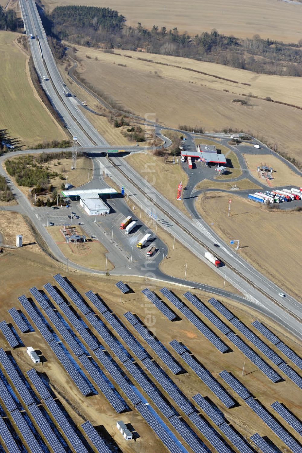 Kladruby from above - Motorway station at the toll road E50 near Kladruby in the rural district of Tachov, Czech Republic