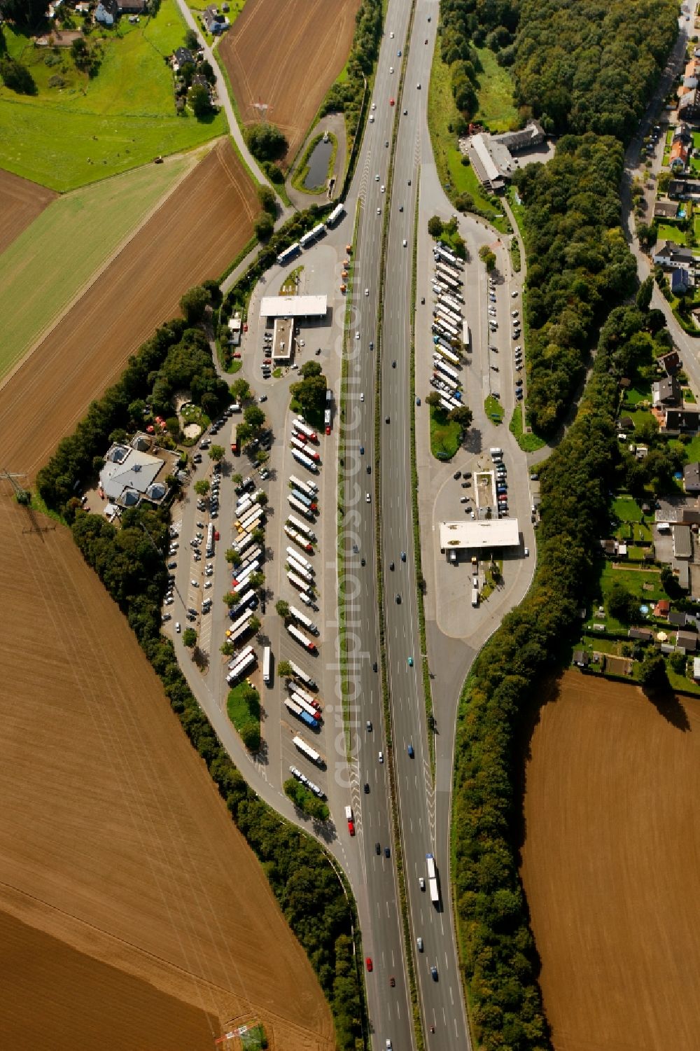 Schwerte from above - View of the motorway service area Lichtendorf Sued in Schwerte in the state of North Rhine-Westphalia