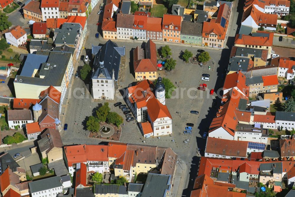 Eisenberg from above - Market square with town hall, city museum and church of St. Peter in Eisenberg in the state Thuringia, Germany