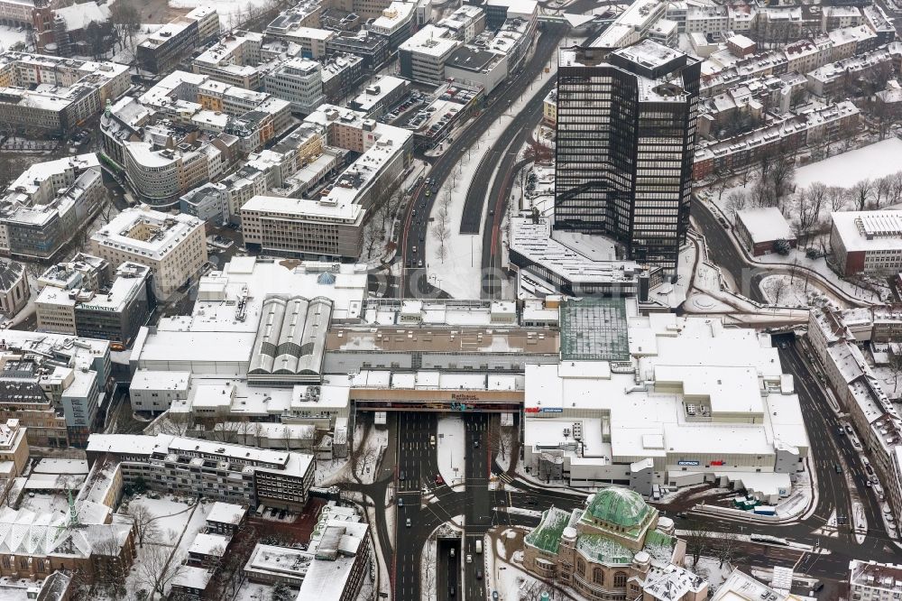 Essen from above - Winter - landscape of snow-covered city hall gallery in Essen city center close to the city hall in Essen, North Rhine-Westphalia