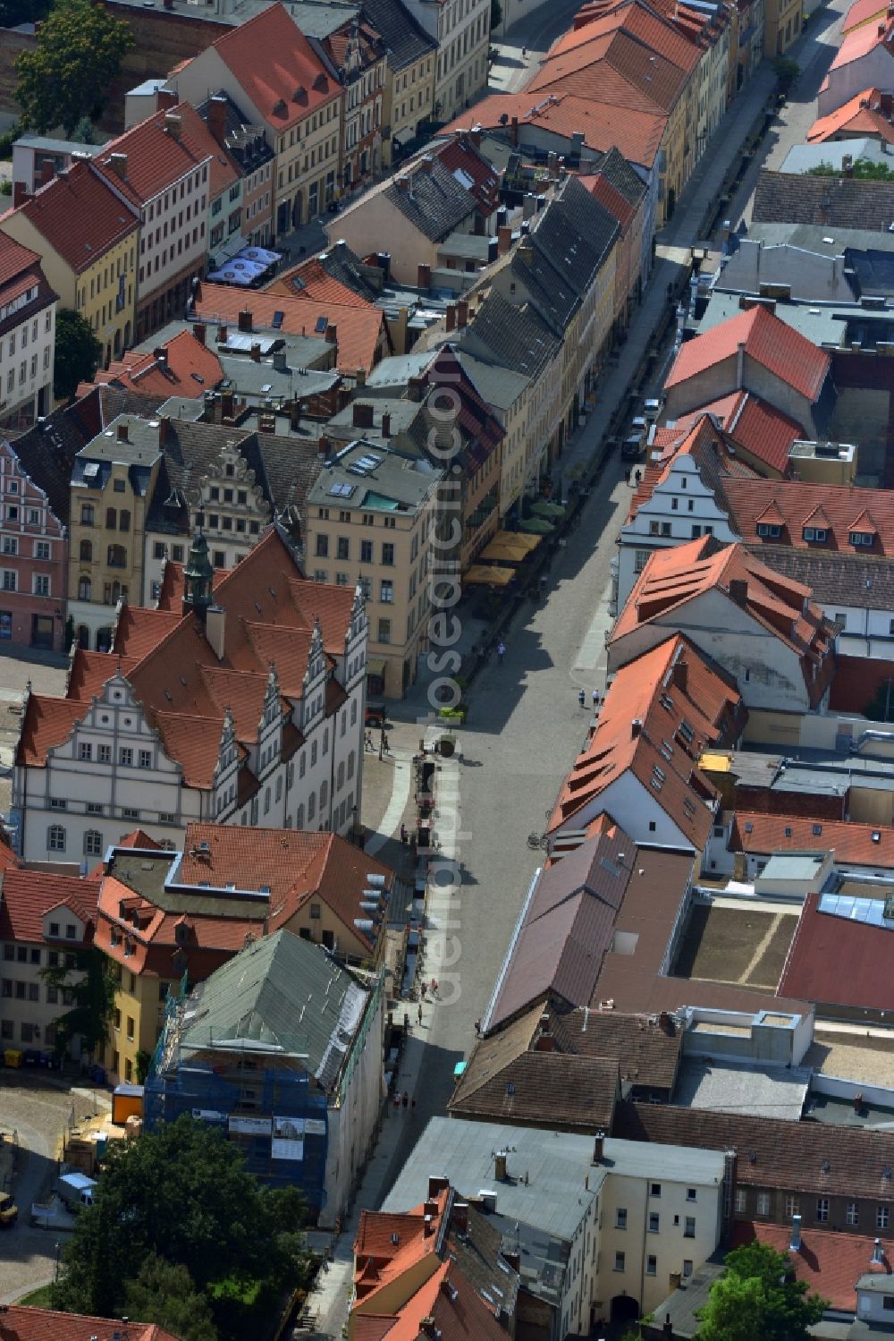 Lutherstadt Wittenberg from above - View of the townhall in the historic city of Lutherstadt Wittenberg at the market and the Jüdenstraße in the state Saxony-Anhalt