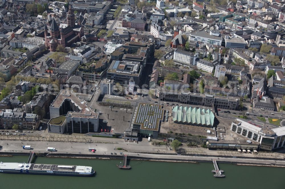 Mainz from above - View of the city hall of Mainz in Rhineland-Palatinate, on the right the Rheingoldhalle, an entertainment venue