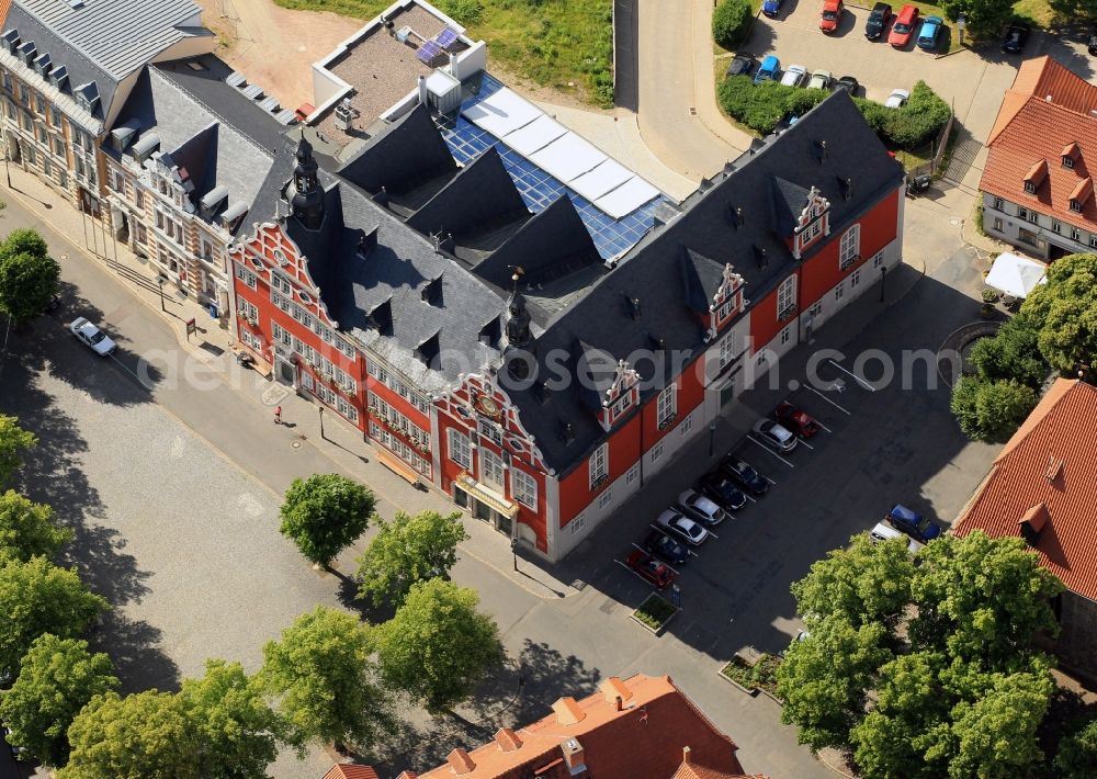 Arnstadt from the bird's eye view: In the market of Arnstadt in Thuringia, the historic town hall of the city.The town hall was built in the 16th century in the style of the Renaissance and with its composed of numerous gables and decorative elements facade a major attraction of the city