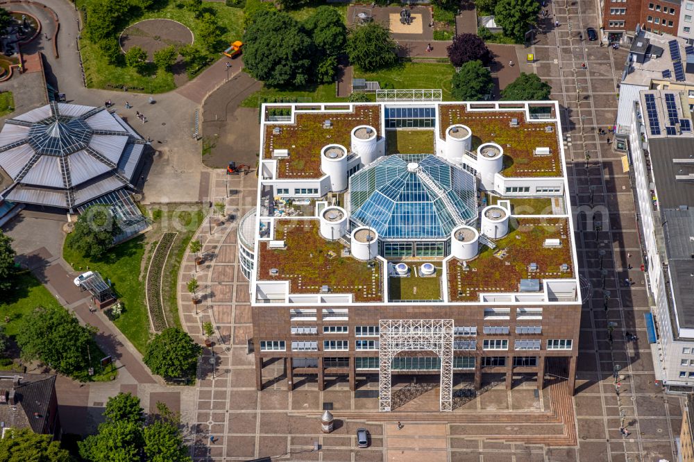 Dortmund from above - Building of the town hall of the city administration on the market square of the city center on Friedensplatz in Dortmund in the Ruhr area in the federal state of North Rhine-Westphalia, Germany