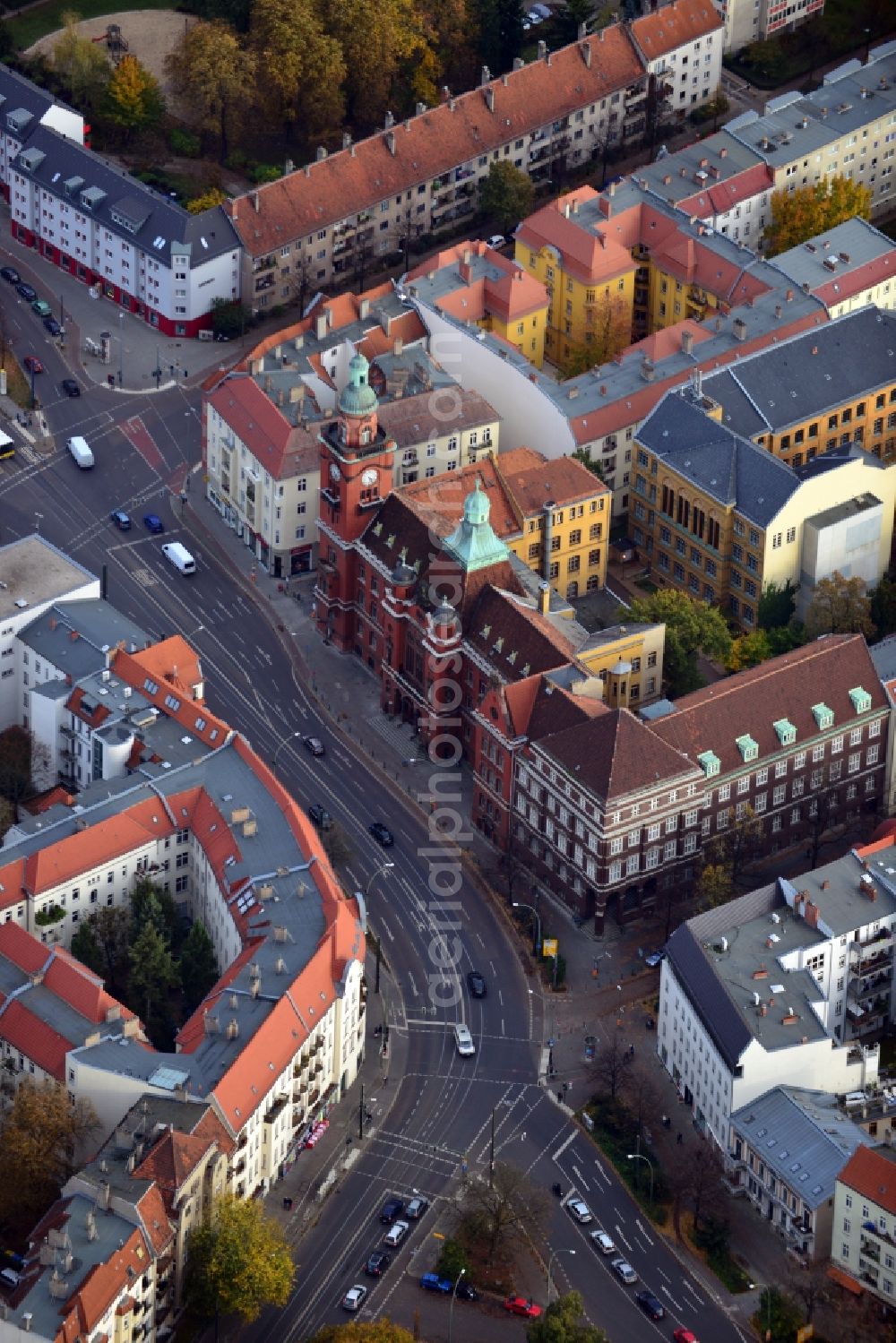 Aerial image Berlin - View of the town hall at Breite Strasse the Pankow district in Berlin. The municipal building was designed by architect William Johow in the eclectic style and opened in 1903