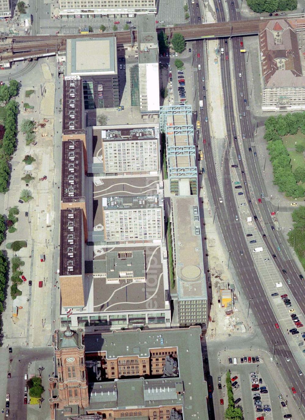 Berlin from above - Fertig umgebaute Rathauspassagen der WBM am Roten Rathaus unmittelbar am Berliner Fernsehturm in Berlin-Mitte.