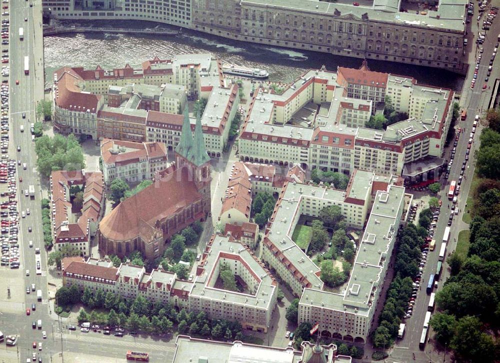 Aerial image Berlin - Blick auf das Wohngebiet am Nikolaiviertel der WBM unmittelbar Fernsehturm in Berlin - Mitte.