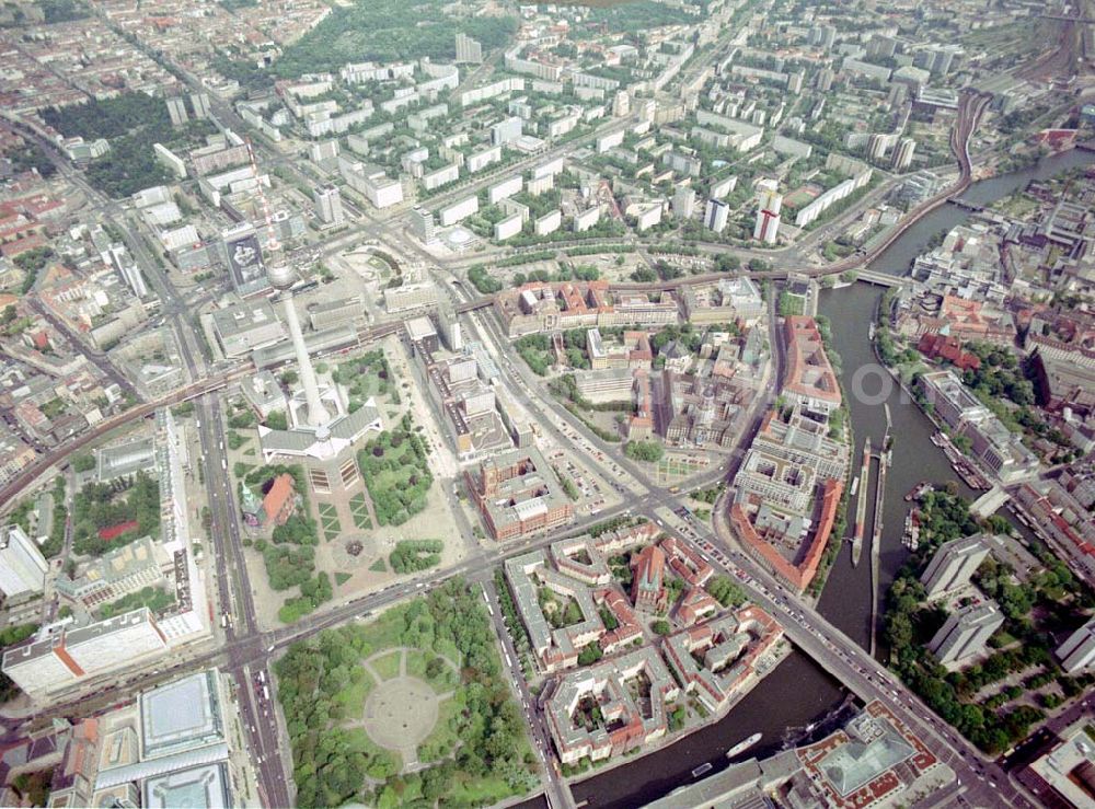 Aerial image Berlin - Blick auf das Wohngebiet am Nikolaiviertel der WBM unmittelbar Fernsehturm in Berlin - Mitte.