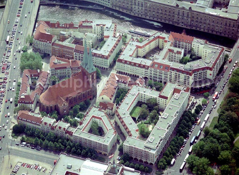 Berlin from above - Blick auf das Wohngebiet am Nikolaiviertel der WBM unmittelbar Fernsehturm in Berlin - Mitte.