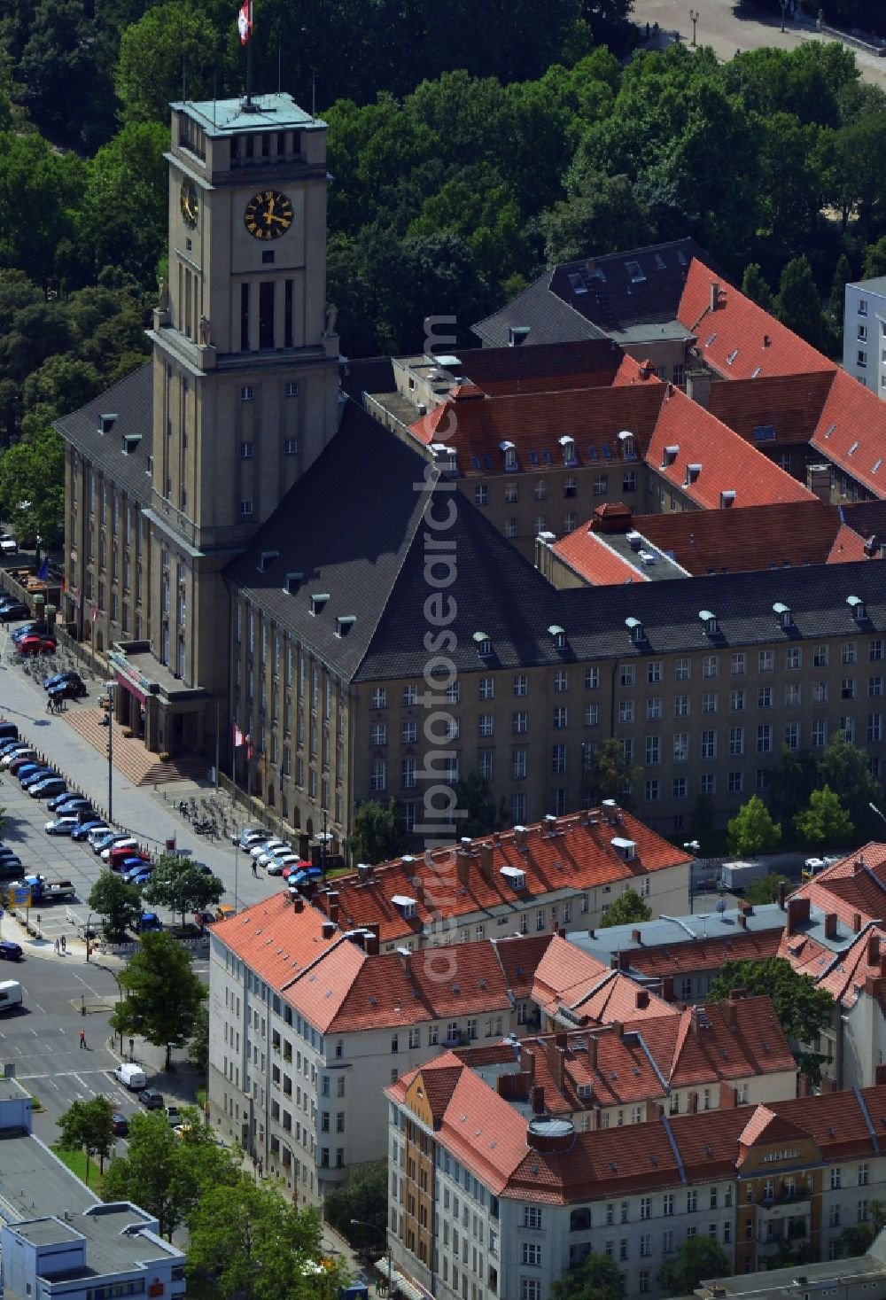 Berlin from above - The townhall of Berlin's district Tempelhof-Schoeneberg. It's located at the square John-F.-Kennedy-Platz where the streets Freiherr-vom-Stein-Strasse, Martin-Luther-Strasse, Dominicusstrasse and Belziger Strasse join up