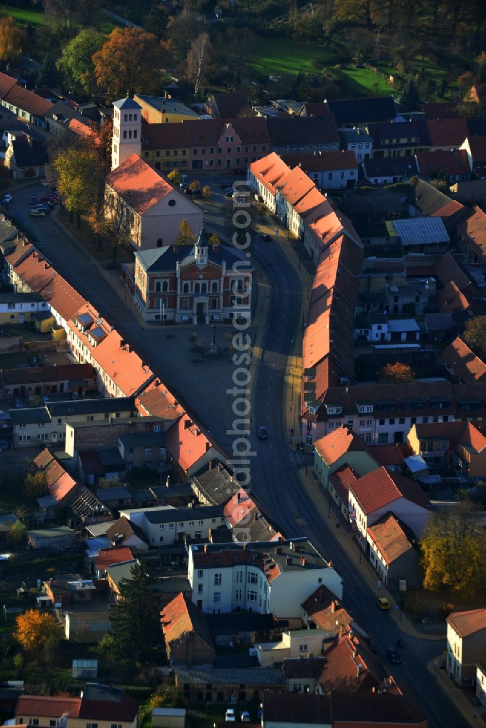 Liebenwalde from above - Historical center. The town hall and the town church are surrounded by old houses in Liebenwalde in Brandenburg