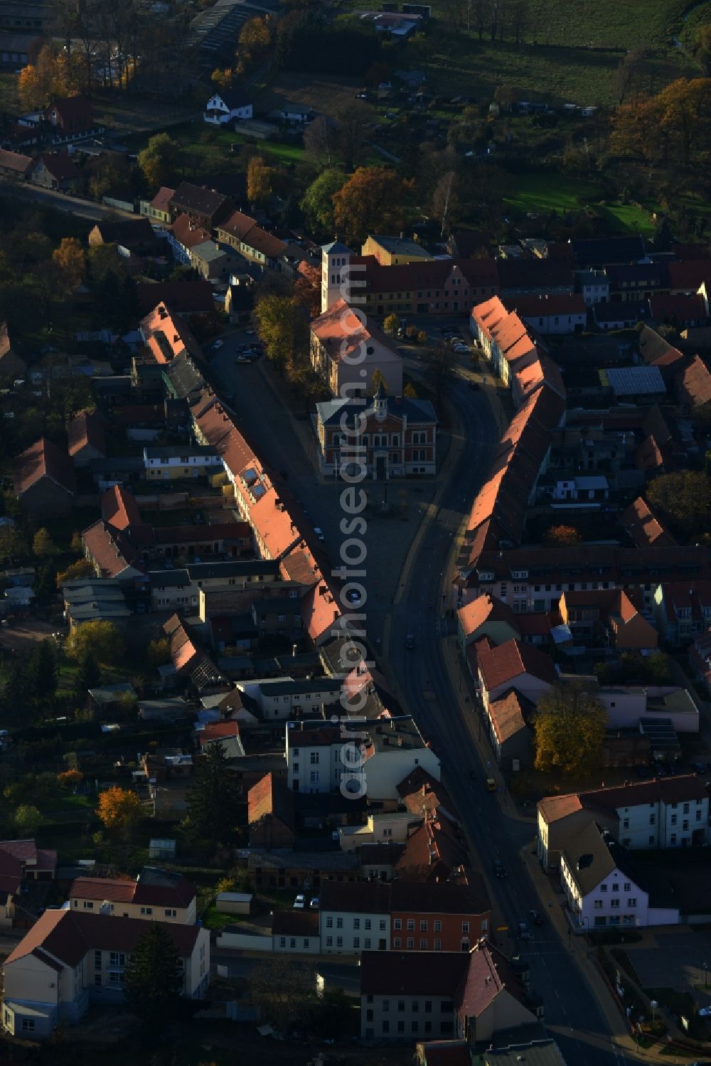 Liebenwalde from the bird's eye view: Historical center. The town hall and the town church are surrounded by old houses in Liebenwalde in Brandenburg