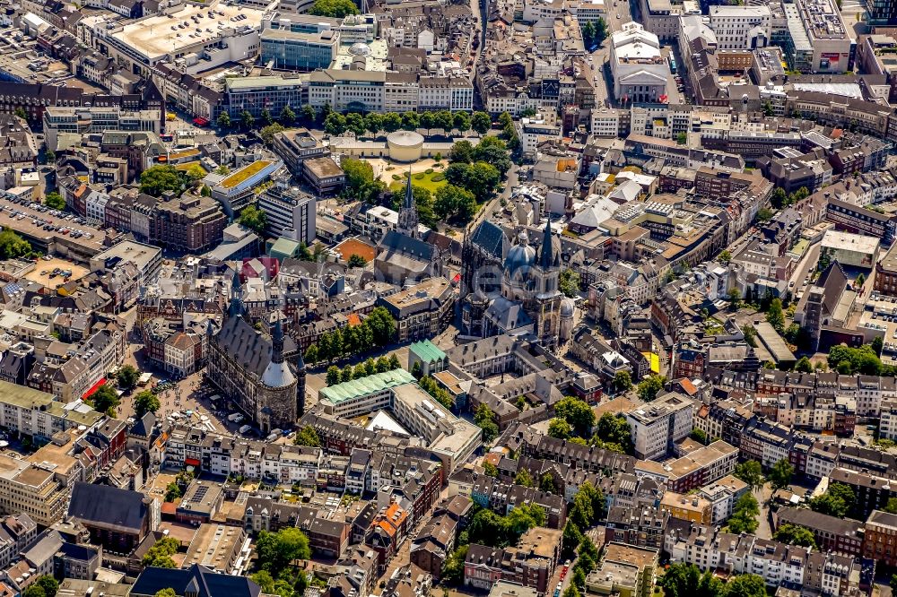 Aachen from above - Town hall square with cathedral in Aachen in the state North Rhine-Westphalia, Germany