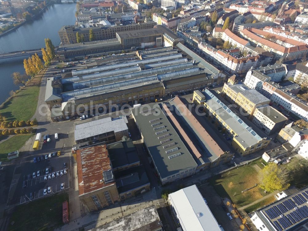 Berlin from above - Building complex Rathenau Halls in the former industrial area of the AEG / transformer factory (TRO) in Oberschoeneweide in Berlin. The entire area is now a protected monument