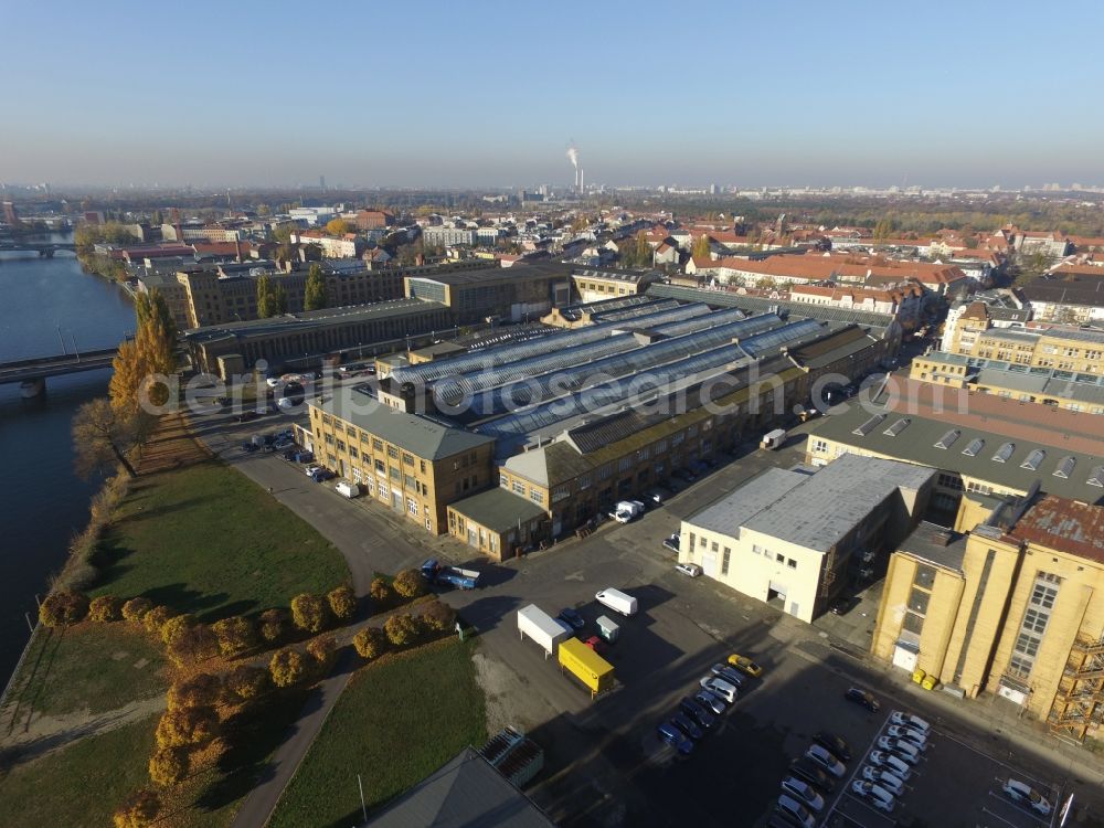 Aerial image Berlin - Building complex Rathenau Halls in the former industrial area of the AEG / transformer factory (TRO) in Oberschoeneweide in Berlin. The entire area is now a protected monument