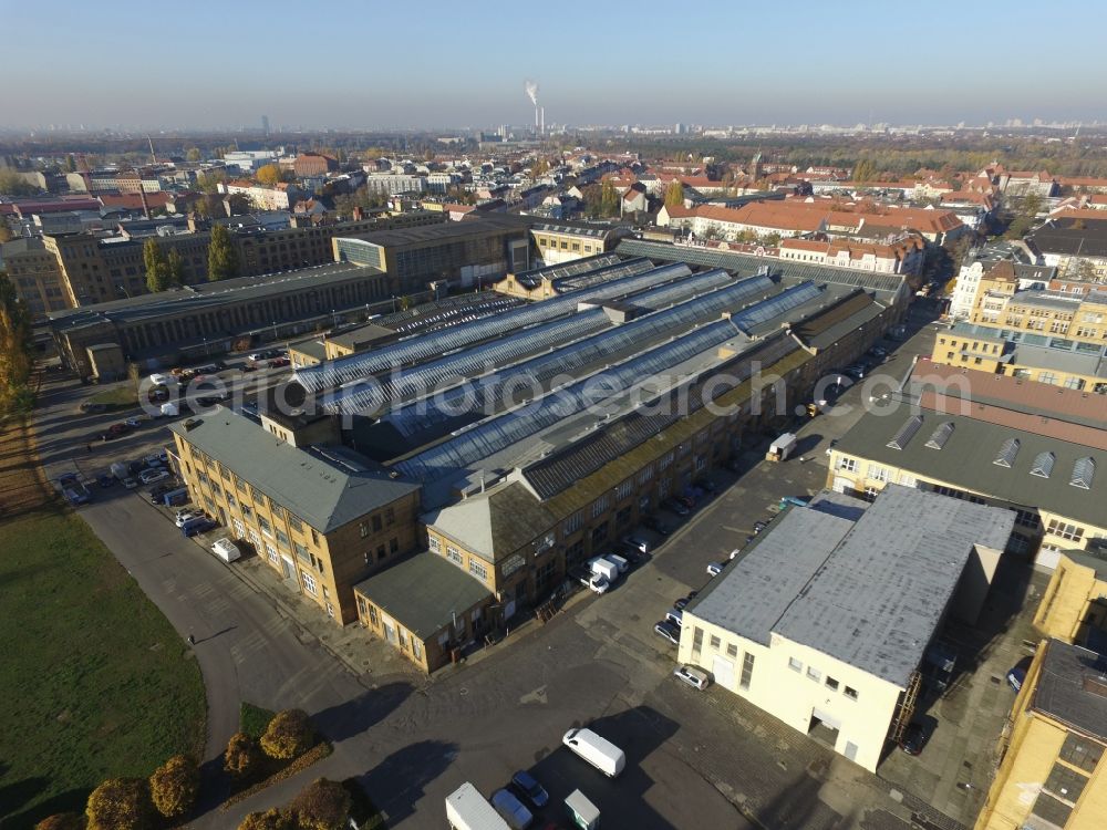 Aerial photograph Berlin - Building complex Rathenau Halls in the former industrial area of the AEG / transformer factory (TRO) in Oberschoeneweide in Berlin. The entire area is now a protected monument