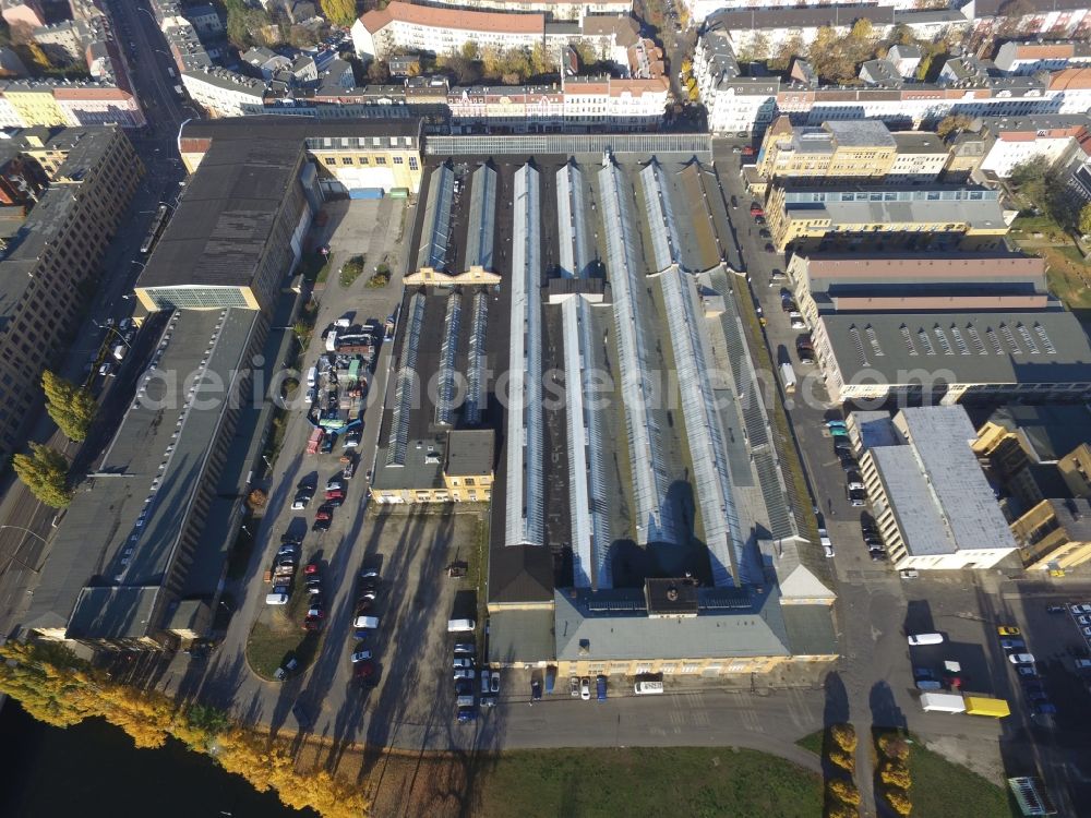 Berlin from above - Building complex Rathenau Halls in the former industrial area of the AEG / transformer factory (TRO) in Oberschoeneweide in Berlin. The entire area is now a protected monument