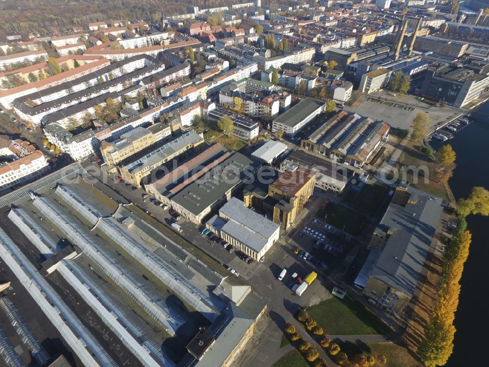 Berlin from the bird's eye view: Building complex Rathenau Halls in the former industrial area of the AEG / transformer factory (TRO) in Oberschoeneweide in Berlin. The entire area is now a protected monument